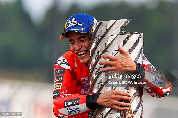 Ducati Lenovo team rider Marc Marquez celebrates becoming world champion after the race during the 2025 Motul Grand Prix.