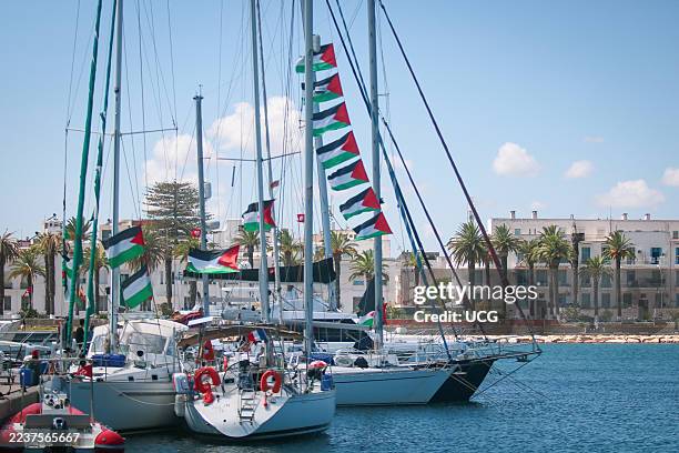 The Global Sumud Flotilla docks at the port of Bizerte, in northern Tunisia on September 12, 2025. The flotilla, which aims to break Israel's...