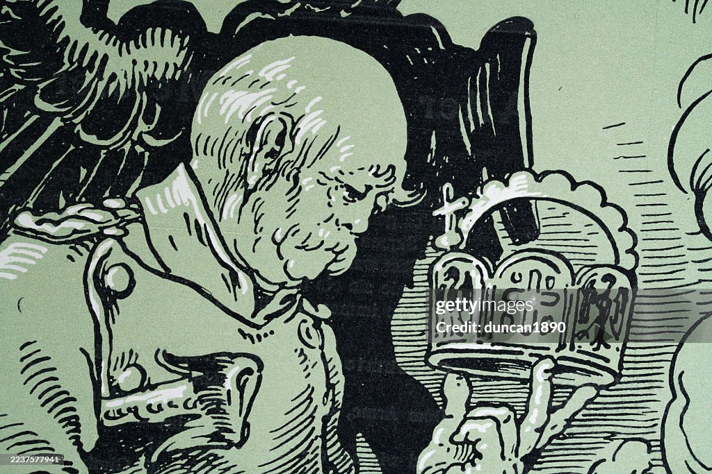 Caricature of Otto von Bismarck holding a crown, German, Art Nouveau, Jugendstil , Vintage illustration, 1890s, 19th Century