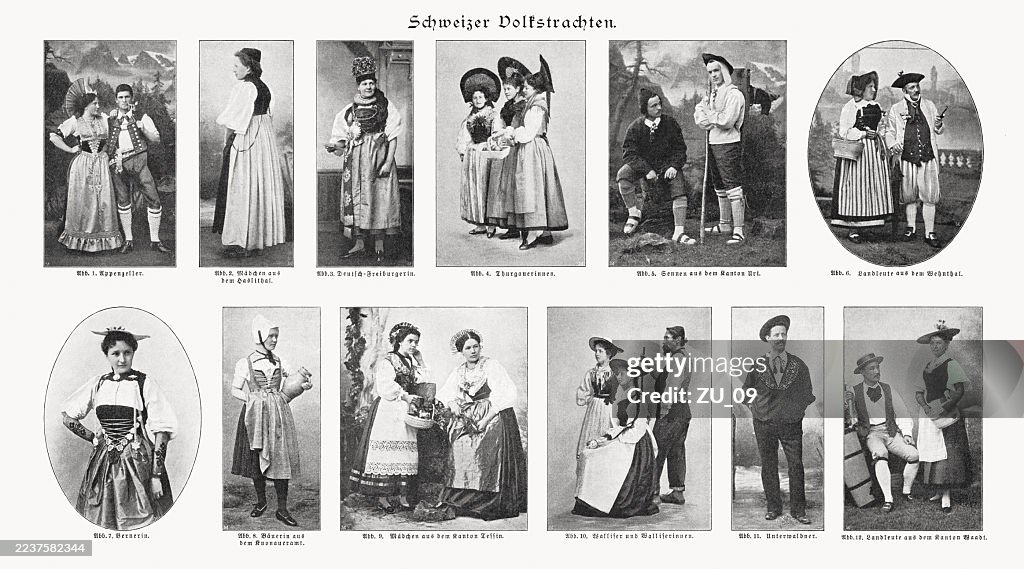 Swiss folk costumes, halftone prints, published in 1897