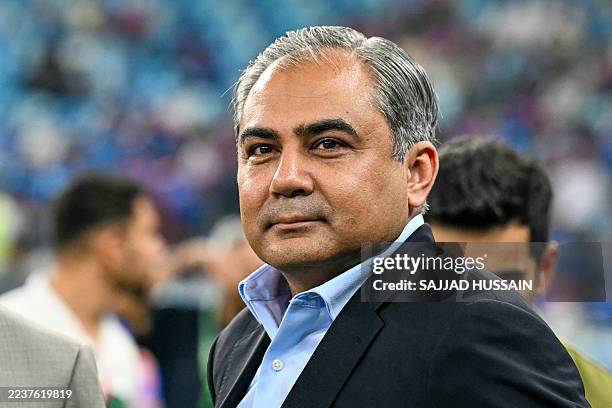 Asian Cricket Council and Pakistan Cricket Board chairman Mohsin Naqvi waits at the field at the end of the Asia Cup 2025 Twenty20 international...