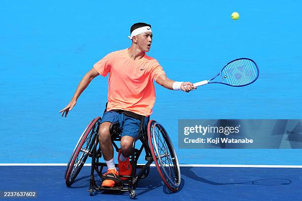 Tokito Oda of Japan competes against Tomoya Tachi of Japan during the Singles Wheelchair Round of 8 on day four of Kinoshita Group Japan Open at...