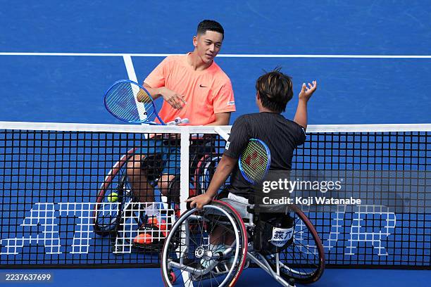 Tokito Oda of Japan celebrates winning against Tomoya Tachi of Japan during the Singles Wheelchair Round of 8 on day four of Kinoshita Group Japan...