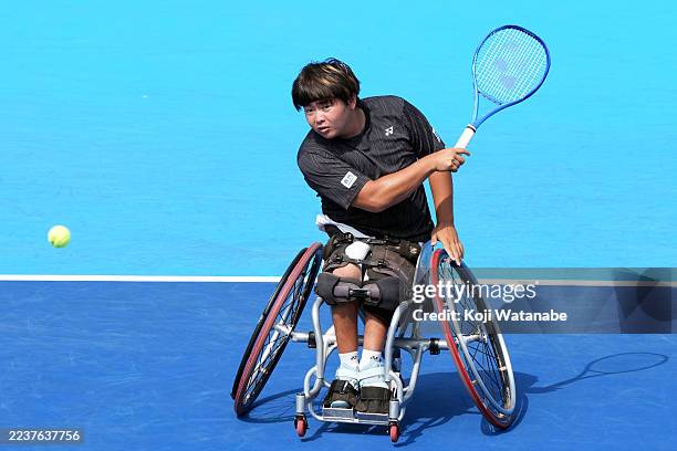 Tomoya Tachi of Japan competes against Tokito Oda of Japan during the Singles Wheelchair Round of 8 on day four of Kinoshita Group Japan Open at...