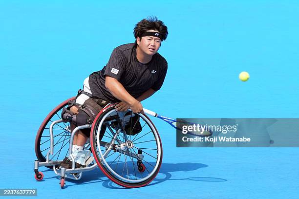 Tomoya Tachi of Japan saves against Tokito Oda of Japan during the Singles Wheelchair Round of 8 on day four of Kinoshita Group Japan Open at Ariake...