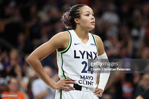 Napheesa Collier of the Minnesota Lynx reacts during the second half of Game Three of the 2025 WNBA Playoffs semifinals at PHX Arena on September 26,...