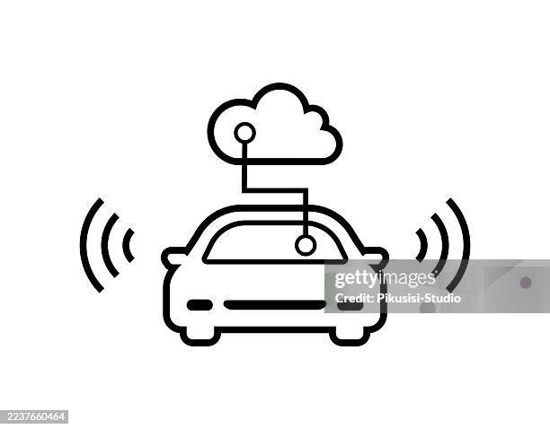 self-driving car with cloud connection icon, smart connected vehicle with wireless technology - automotive navigation system stock illustrations