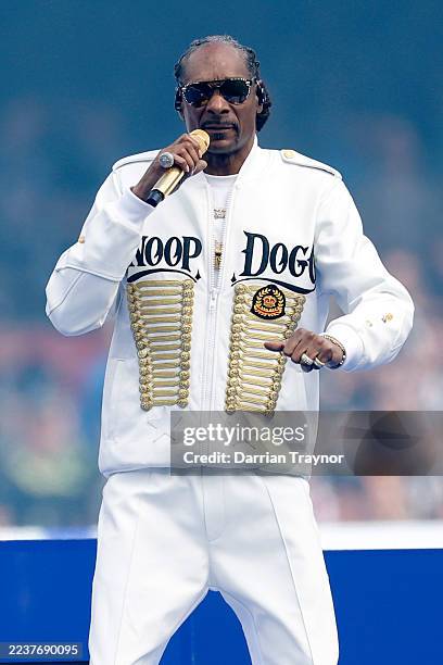 Snoop Dogg performs during the AFL Grand Final match between Geelong Cats and Brisbane Lions at Melbourne Cricket Ground on September 27, 2025 in...