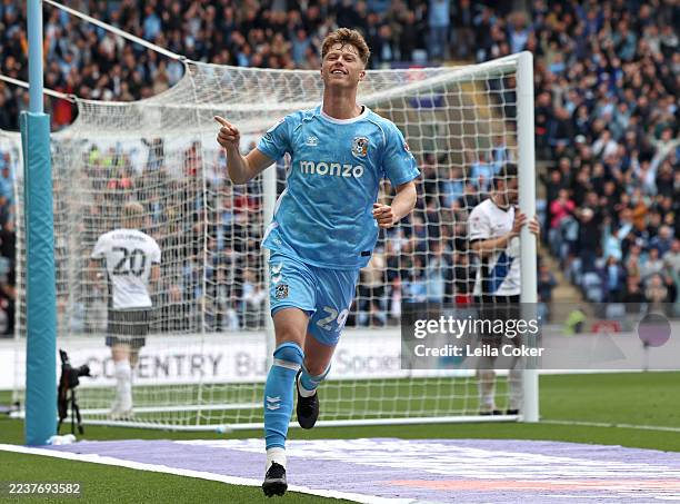 Victor Torp of Coventry City celebrates scoring his team's third goal during the Sky Bet Championship match between Coventry City and Birmingham City...