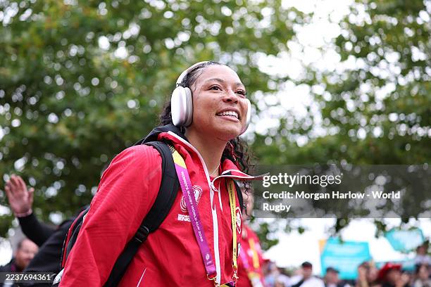 Asia Hogan-Rochester of Canada arrives at the ground prior to the Women's Rugby World Cup 2025 Final match between Canada and England at Allianz...