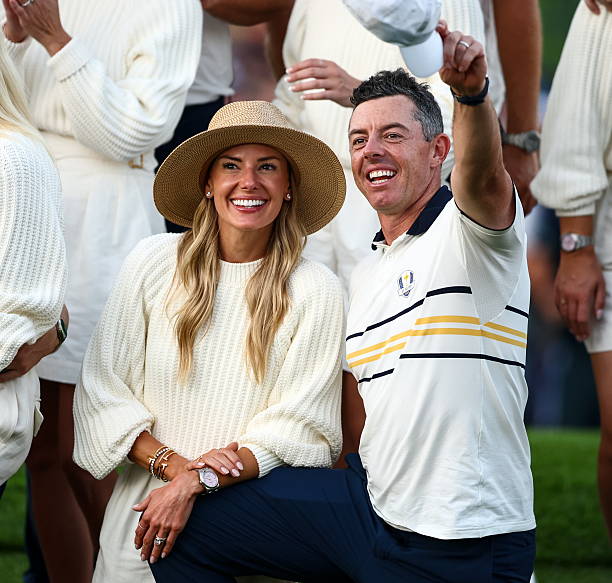 New York , United States - 28 September 2025; Rory McIlroy of Europe celebrates with his wife Erica Stoll McIlroy on day three of the 2025 Ryder Cup...