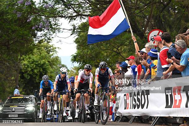 Pauline Ferrand-Prevot and Team France, Elise Chabbey and Team Switzerland and Juliette Labous and Team France compete during the 98th UCI Cycling...