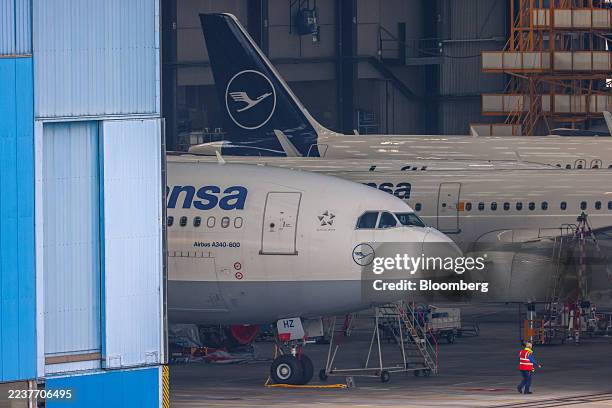 Passenger aircraft operated by Deutsche Lufthansa AG in the service hangar at Frankfurt Airport in Frankfurt, Germany, on Monday, Sept. 29, 2025....