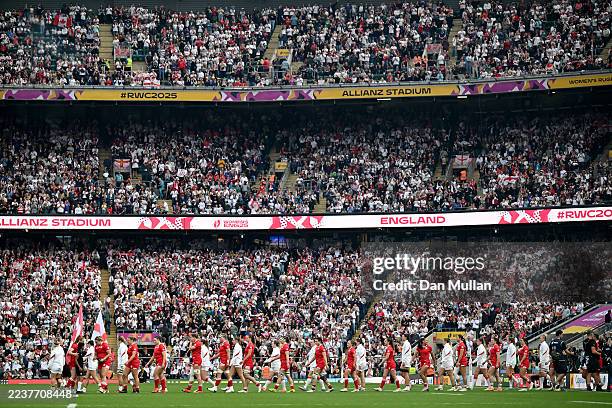 General view inside the stadium as players from both teams walk out of the tunnel prior to the Women's Rugby World Cup 2025 Final match between...