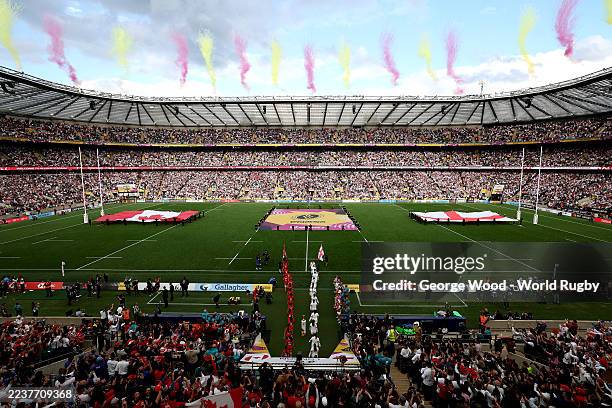 General view of England and Canada players walking out onto the pitch prior to the Women's Rugby World Cup 2025 Final match between Canada and...