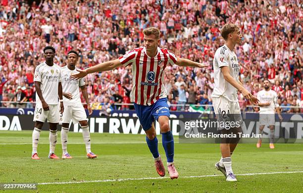 Alexander Sorloth of Atletico de Madrid celebrates scoring his team's second goal during the LaLiga EA Sports match between Atletico de Madrid and...