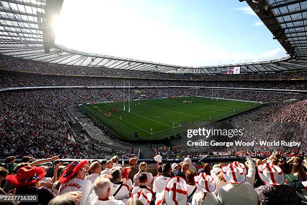 General view of fans watching the action from the stands during the Women's Rugby World Cup 2025 Final match between Canada and England at Allianz...