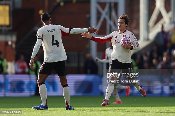 Federico Chiesa of Liverpool celebrates scoring his team's first goal with teammate Virgil van Dijk during the Premier League match between Crystal...