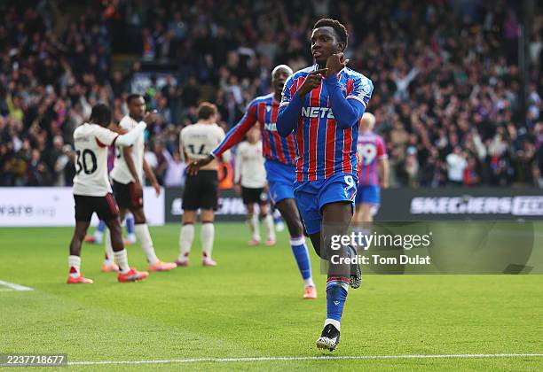 Eddie Nketiah of Crystal Palace celebrates scoring his team's second goal during the Premier League match between Crystal Palace and Liverpool at...