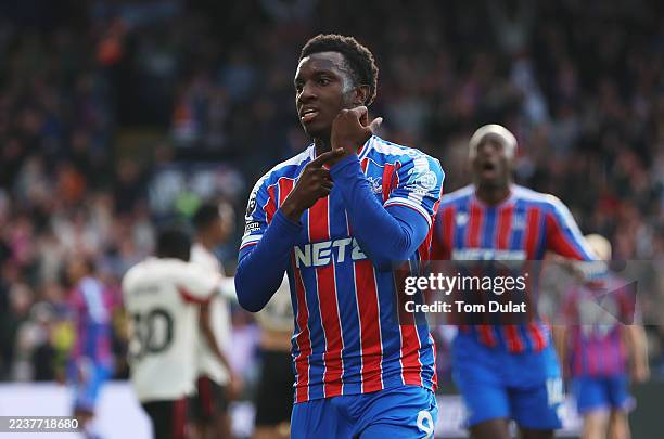 Eddie Nketiah of Crystal Palace celebrates scoring his team's second goal during the Premier League match between Crystal Palace and Liverpool at...