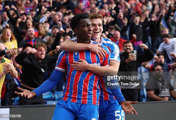 Eddie Nketiah of Crystal Palace celebrates scoring his team's second goal with team mate Justin Devenny during the Premier League match between...