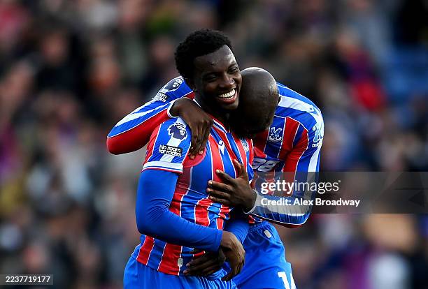 Eddie Nketiah of Crystal Palace celebrates scoring his team's second goal with teammate Jean-Philippe Mateta during the Premier League match between...