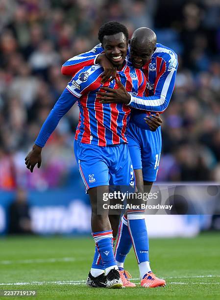 Eddie Nketiah of Crystal Palace celebrates scoring his team's second goal with teammate Jean-Philippe Mateta during the Premier League match between...