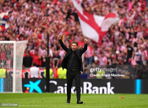Diego Simeone, Head Coach of Atletico de Madrid, celebrates his teams victory after the LaLiga EA Sports match between Atletico de Madrid and Real...