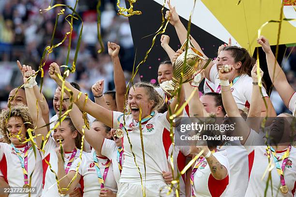 England lift the World Cup trophy after Winning the Rugby World Cup during the Women's Rugby World Cup 2025 Final match between Canada and England at...