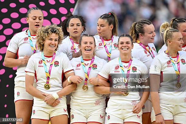 Maddie Feaunati, Ellie Kildunne, Tatyana Heard, Zoe Harrison, Jess Breach, Helena Rowland, Lark Atkins-Davies and Rosie Galligan of England celebrate...