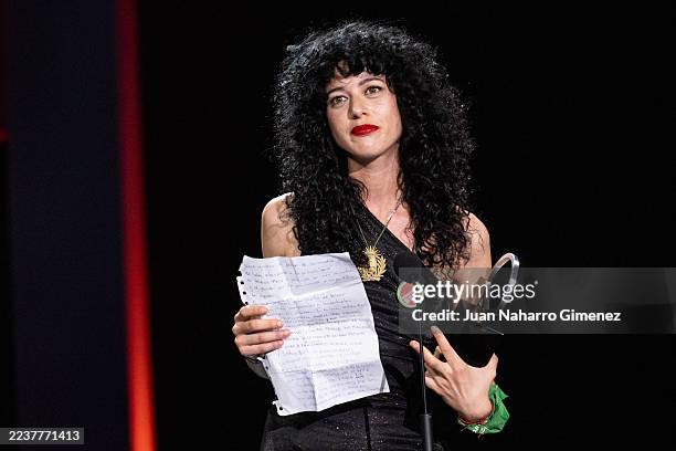 Camila Plaate receives the Silver Shell for Best Supporting Performance for Belén at the closing ceremony during the 73rd San Sebastian International...