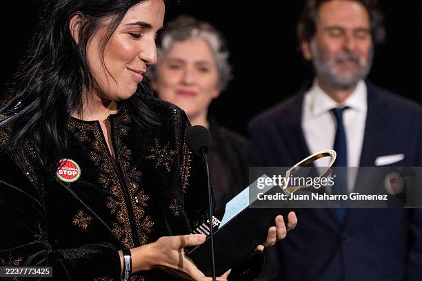 Alauda Ruiz de Azua speaks as she receives the Golden Shell for "Sundays" at the closing ceremony during the 73rd San Sebastian International Film...