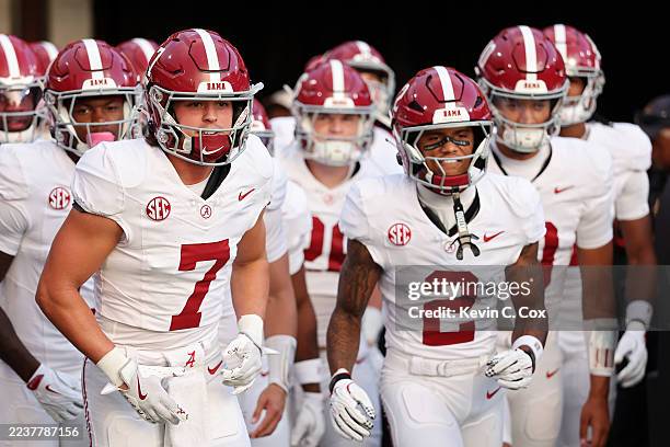 The Alabama Crimson Tide take the field before the game against the Georgia Bulldogs at Sanford Stadium on September 27, 2025 in Athens, Georgia.