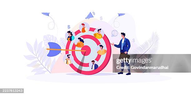 target audience and customer focus concept – businessman shooting bow at people bullseye target symbolizing advertising strategy, hr recruitment, client acquisition and market research for business growth - target market stock illustrations