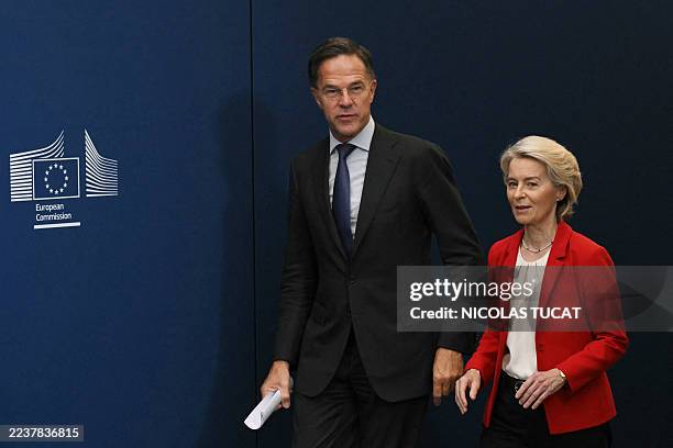 European Commission President Ursula von der Leyen and NATO Secretary General Mark Rutte arrive to hold press statements ahead of a discussion on...