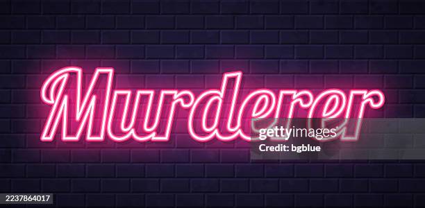 murderer - glowing neon text on brick wall background - executioner stock illustrations