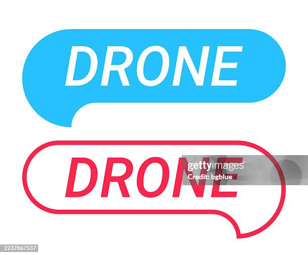 drone - blue and red speech bubble on white background - drone package stock illustrations