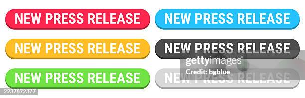 new press release - colorful 3d click web buttons on blank background - media release stock illustrations