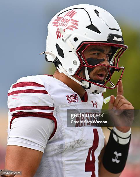 Quarterback Logan Fife of the New Mexico State Aggies looks on during the first half of a game \N at University Stadium on September 27, 2025 in...