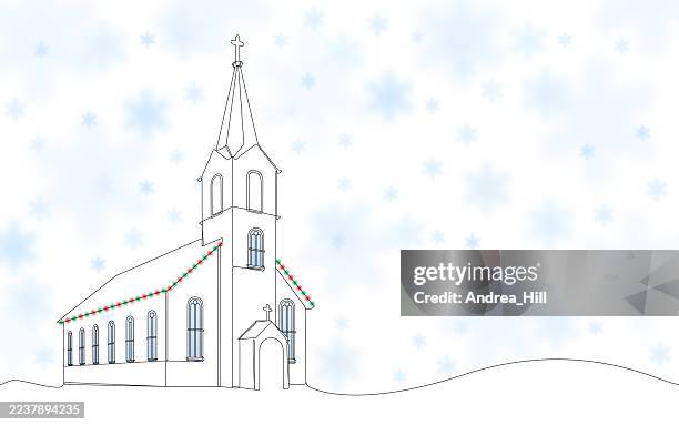 beautiful church with christmas lights in the snow. single line drawing vector illustration - fairy-lights-transparent-background stock illustrations