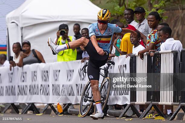 Remco Evenepoel and Team Belgium shows his dejecgtion kicking a bottle after a mechanical problem during the 98th UCI Cycling World Championships...
