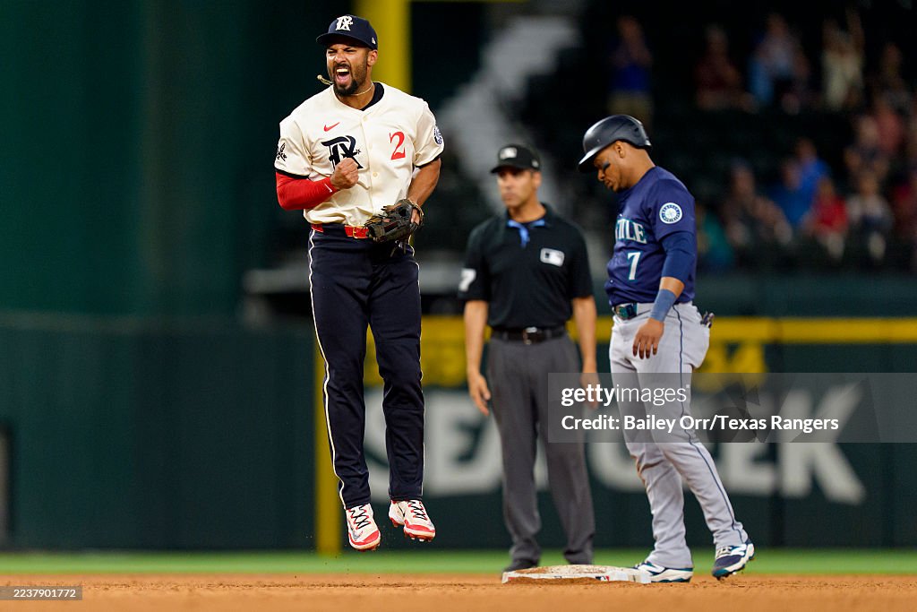 Seattle Rangers Marcus Semien of the Texas Rangers celebrates making a play during a ...
