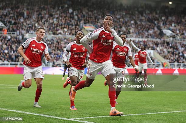 Gabriel of Arsenal celebrates scoring his team's second goal during the Premier League match between Newcastle United and Arsenal at St James' Park...