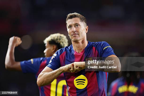Robert Lewandowski of FC Barcelona celebrates scoring his team's second goal during the LaLiga EA Sports match between FC Barcelona and Real Sociedad...