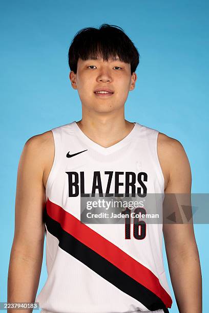 Yang Hansen of the Portland Trail Blazers poses for a head shot during NBA Media Day on September 29, 2025 at the Moda Center in Portland, Oregon....