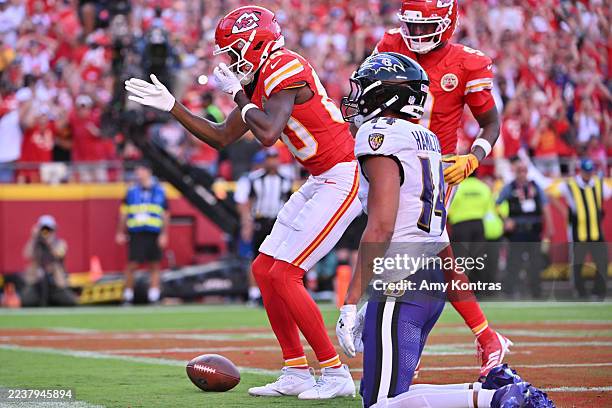 Tyquan Thornton of the Kansas City Chiefs celebrates a touchdown against the Baltimore Ravens during the third quarter at Arrowhead Stadium on...