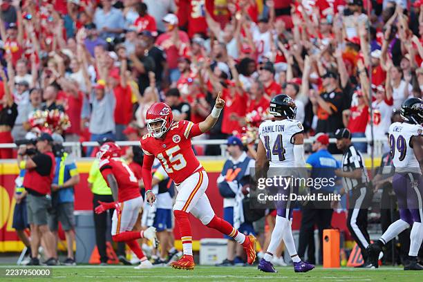 Patrick Mahomes of the Kansas City Chiefs celebrates a touchdown during the fourth quarter against the Baltimore Ravens at Arrowhead Stadium on...