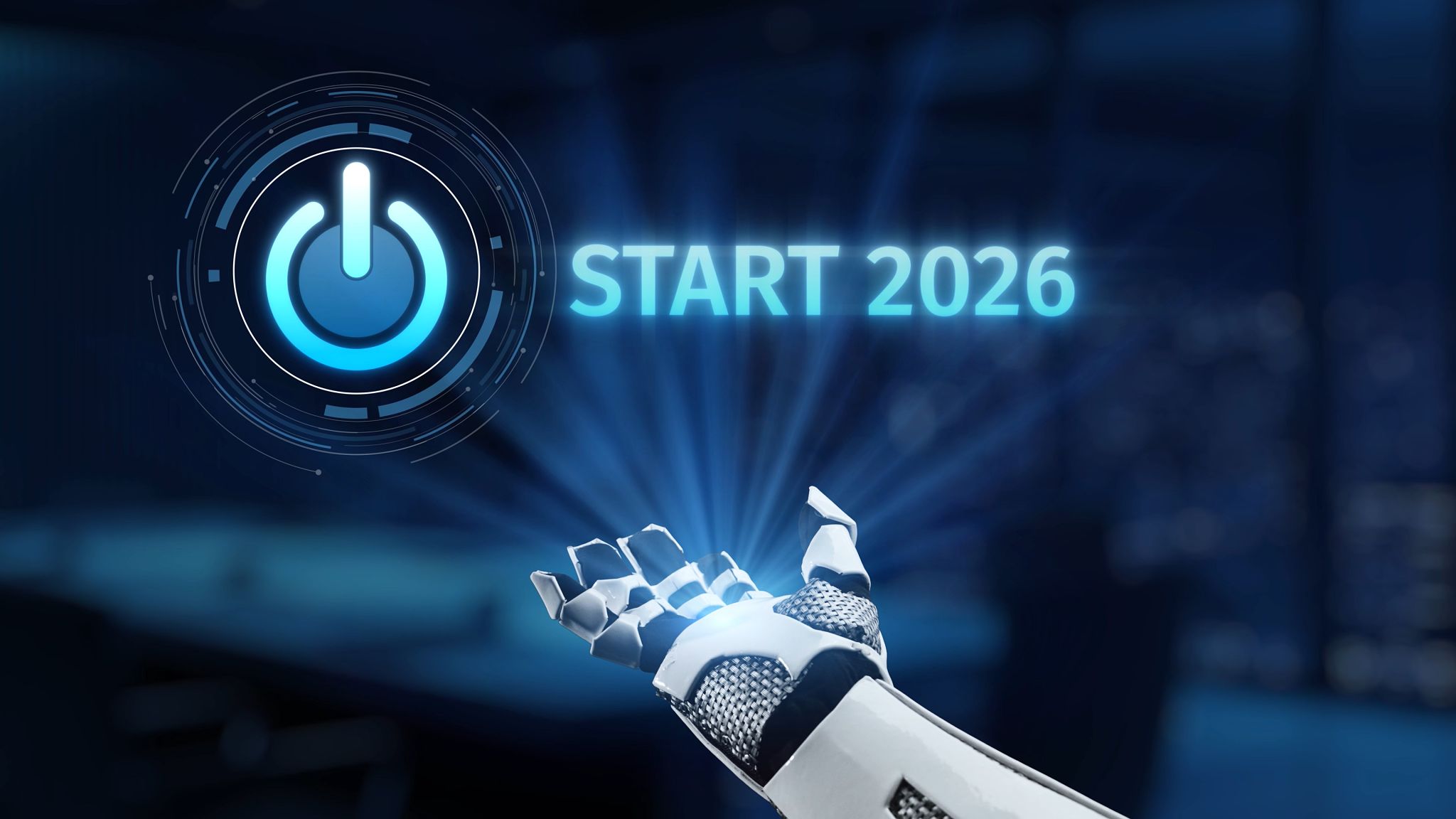 Futuristic robotic hand reaching out towards glowing power button symbol, representing technology and innovation as we approach the year 2026 Synapse Futuristic robotic hand reaching out towards glowing power button symbol, representing technology and innovation as we approach the year 2026 Synapse