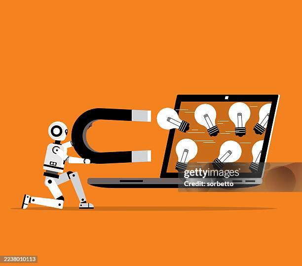 robot - magnet attracting idea light bulb - laptop - cpu board stock illustrations