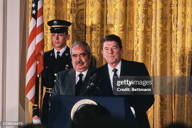 President Ronald Reagan welcomes Venezuelan President Luis Herrera Campins at the White House in Washington, November 17th 1981.